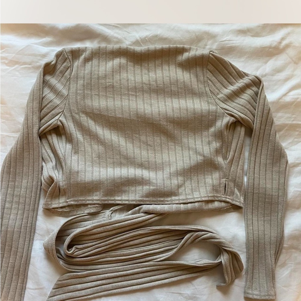 Tan Ribbed Wrap Top - Picture 3 of 4